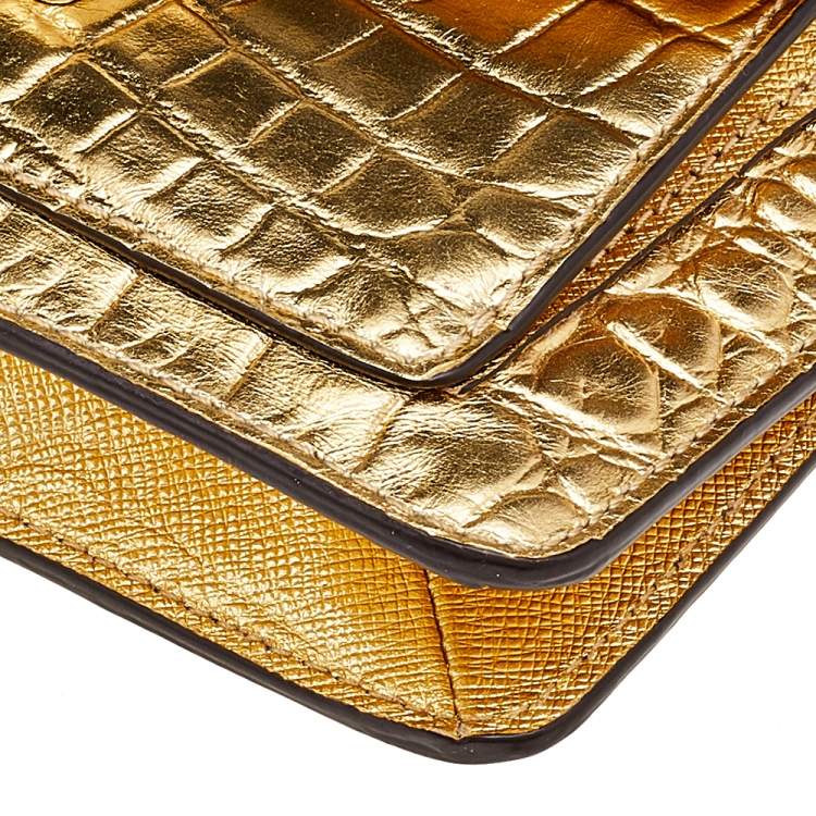 Pre Owned MICHAEL Michael Kors Metallic Gold Croc Embossed Leather Sloan Shoulder Bag
