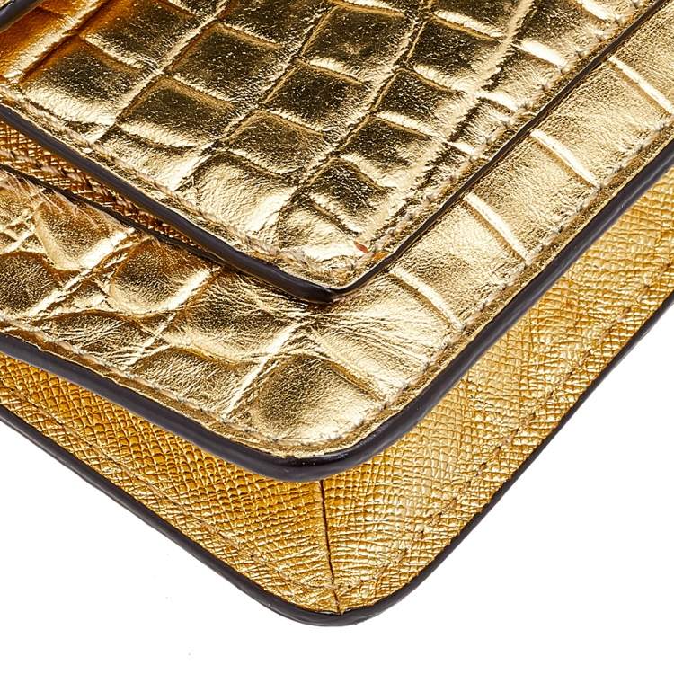 Pre Owned MICHAEL Michael Kors Metallic Gold Croc Embossed Leather Sloan Shoulder Bag