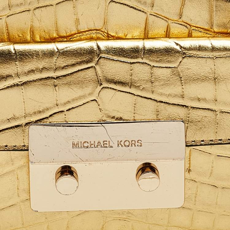 Pre Owned MICHAEL Michael Kors Metallic Gold Croc Embossed Leather Sloan Shoulder Bag