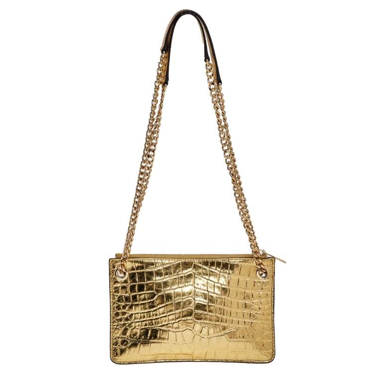 Pre Owned MICHAEL Michael Kors Metallic Gold Croc Embossed Leather Sloan Shoulder Bag