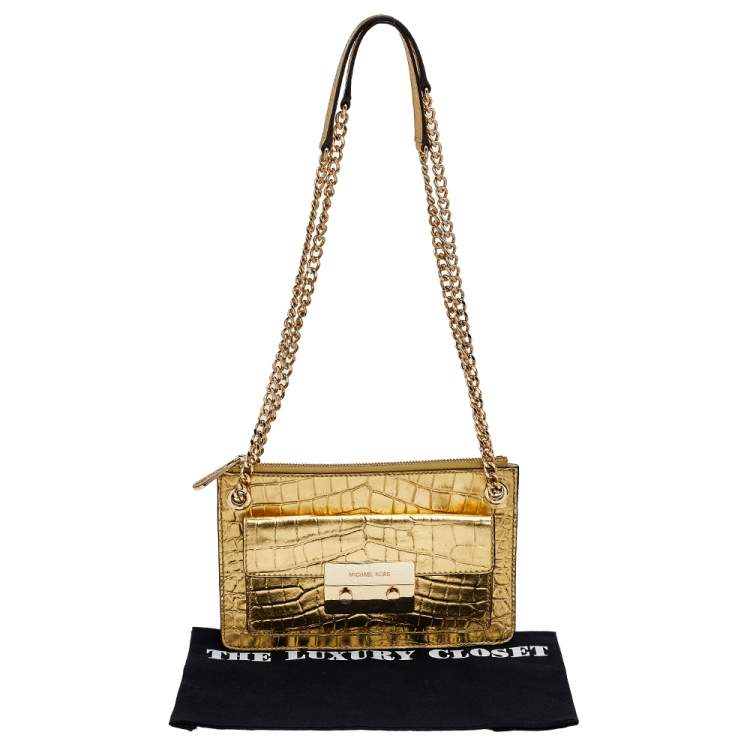 Pre Owned MICHAEL Michael Kors Metallic Gold Croc Embossed Leather Sloan Shoulder Bag