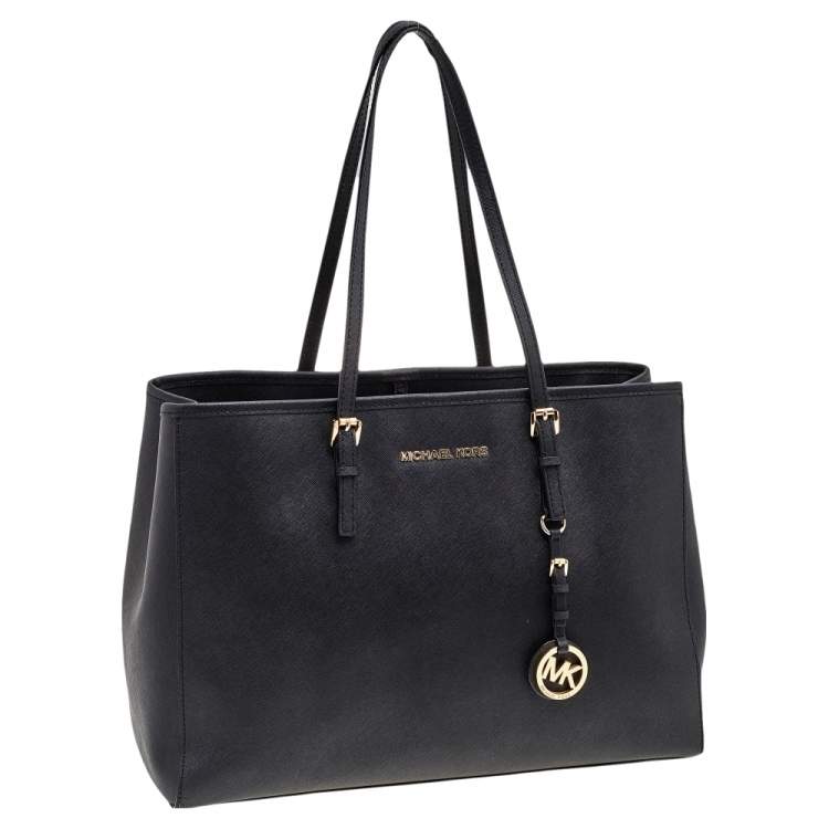 Pre Owned MICHAEL Michael Kors Black Saffiano Leather Medium Jet Set Travel Tote