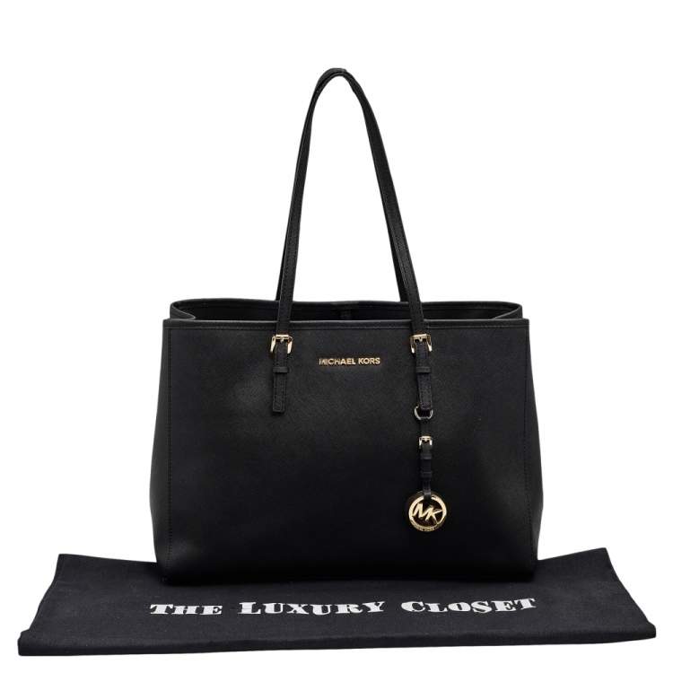 Pre Owned MICHAEL Michael Kors Black Saffiano Leather Medium Jet Set Travel Tote