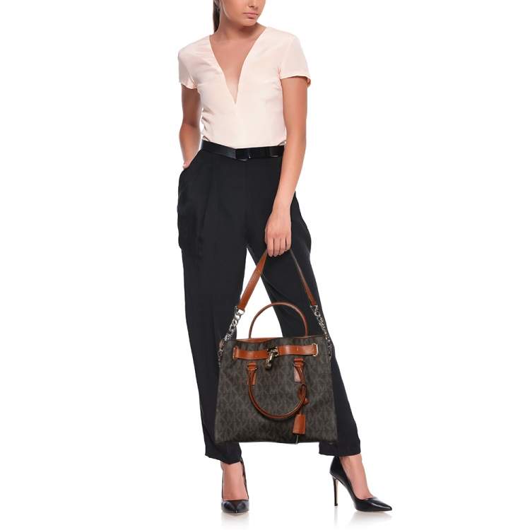 Pre Owned MICHAEL Michael Kors Brown Signature Coated Canvas and Leather Large Hamilton North South Tote