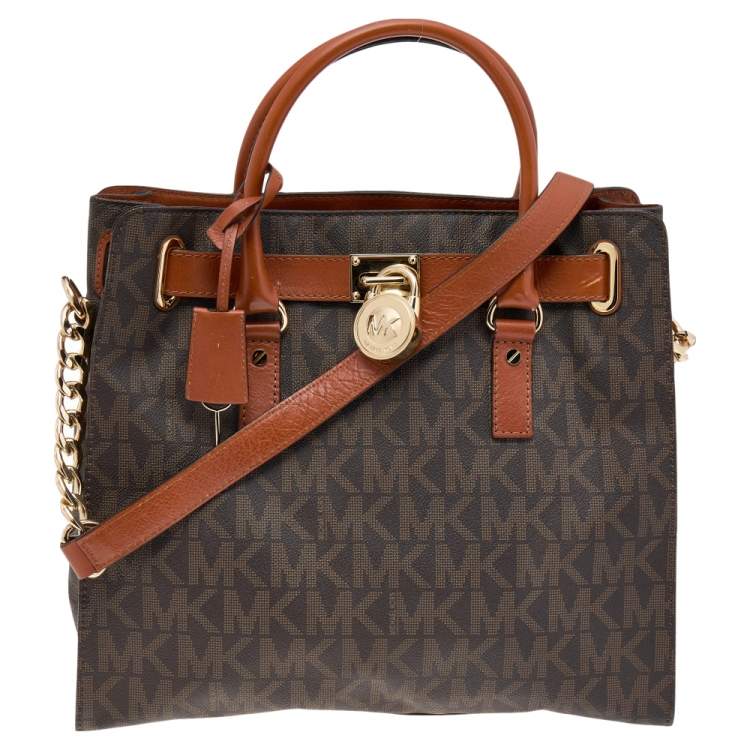 Pre Owned MICHAEL Michael Kors Brown Signature Coated Canvas and Leather Large Hamilton North South Tote