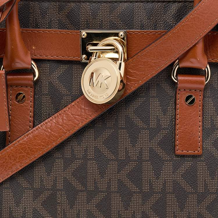 Pre Owned MICHAEL Michael Kors Brown Signature Coated Canvas and Leather Large Hamilton North South Tote