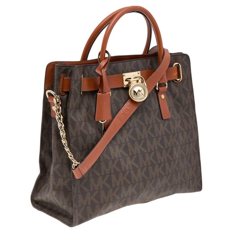 Pre Owned MICHAEL Michael Kors Brown Signature Coated Canvas and Leather Large Hamilton North South Tote