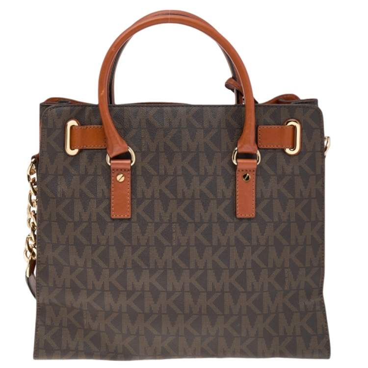 Pre Owned MICHAEL Michael Kors Brown Signature Coated Canvas and Leather Large Hamilton North South Tote