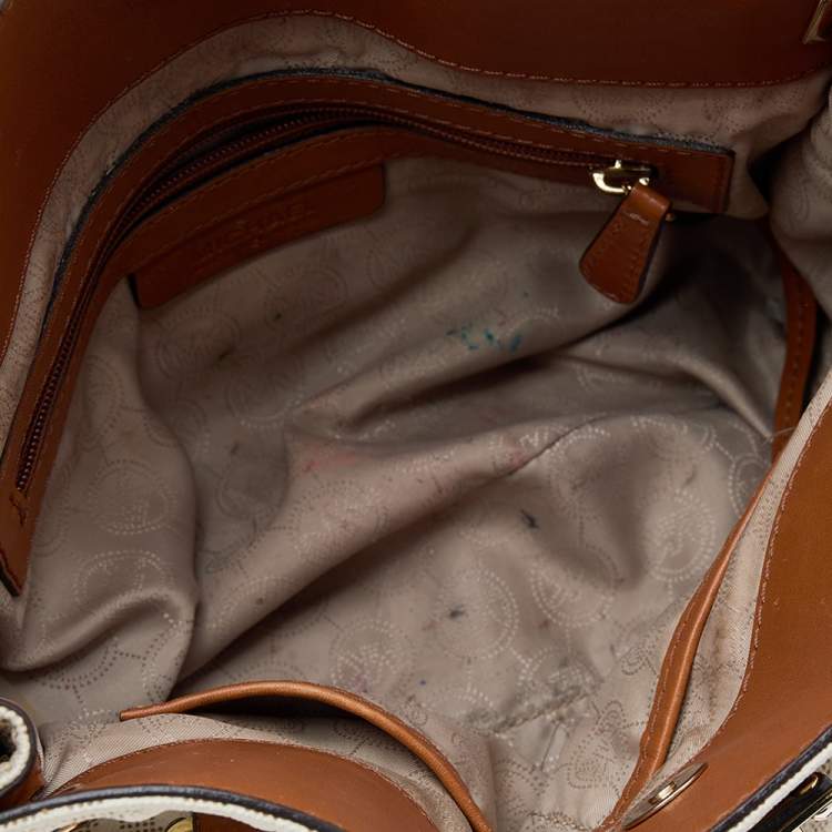 Pre Owned MICHAEL Michael Kors White/Brown Signature Coated Canvas and Leather Medium Hamilton East West Tote