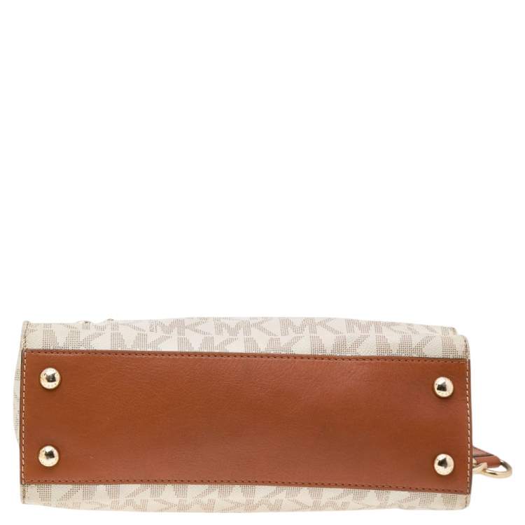 Pre Owned MICHAEL Michael Kors White/Brown Signature Coated Canvas and Leather Medium Hamilton East West Tote