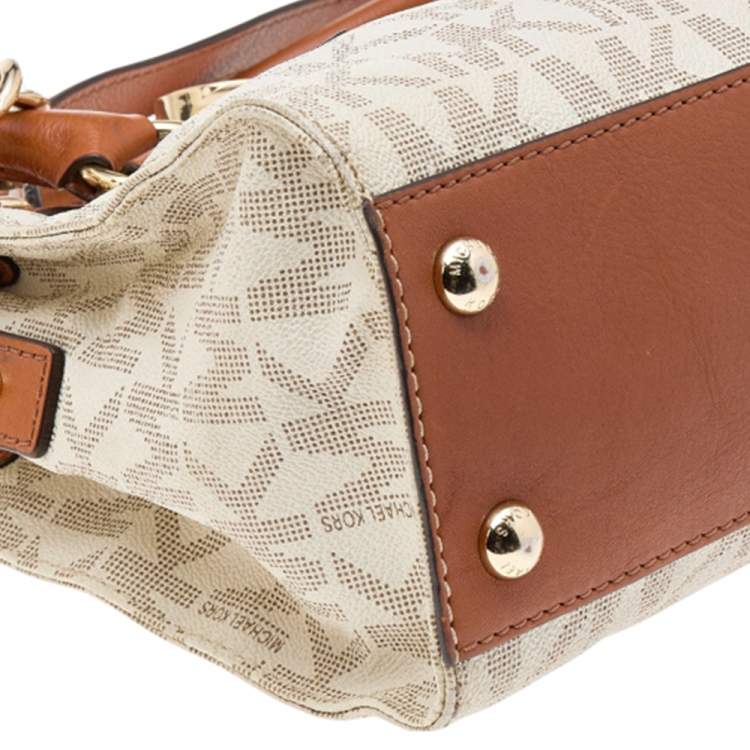 Pre Owned MICHAEL Michael Kors White/Brown Signature Coated Canvas and Leather Medium Hamilton East West Tote