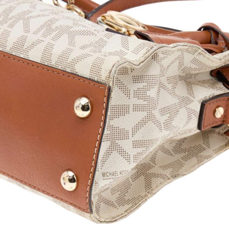 Pre Owned MICHAEL Michael Kors White/Brown Signature Coated Canvas and Leather Medium Hamilton East West Tote