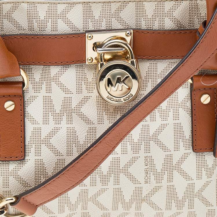 Pre Owned MICHAEL Michael Kors White/Brown Signature Coated Canvas and Leather Medium Hamilton East West Tote