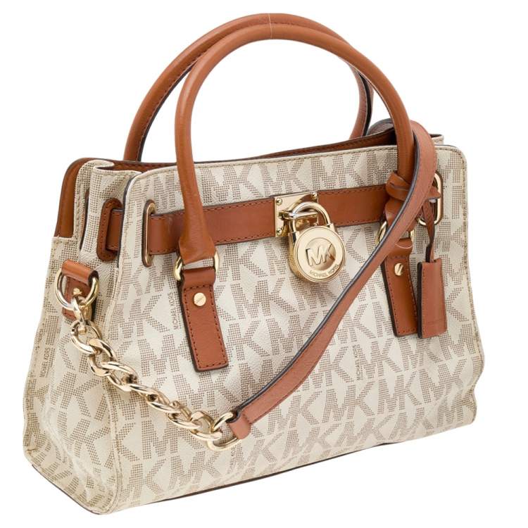 Pre Owned MICHAEL Michael Kors White/Brown Signature Coated Canvas and Leather Medium Hamilton East West Tote