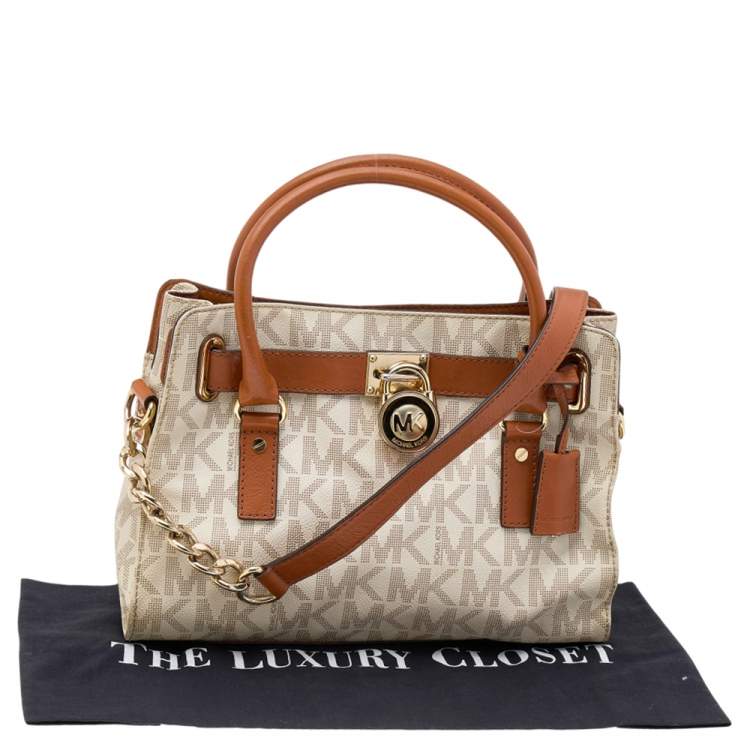 Pre Owned MICHAEL Michael Kors White/Brown Signature Coated Canvas and Leather Medium Hamilton East West Tote
