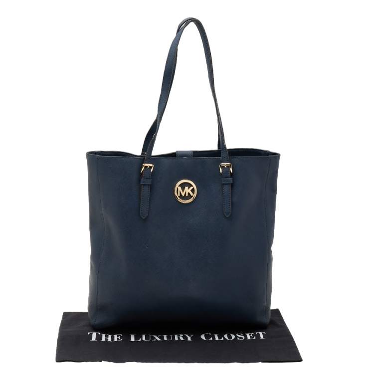 Pre Owned MICHAEL Michael Kors Navy Blue Saffiano Leather Large Jet Set Tote