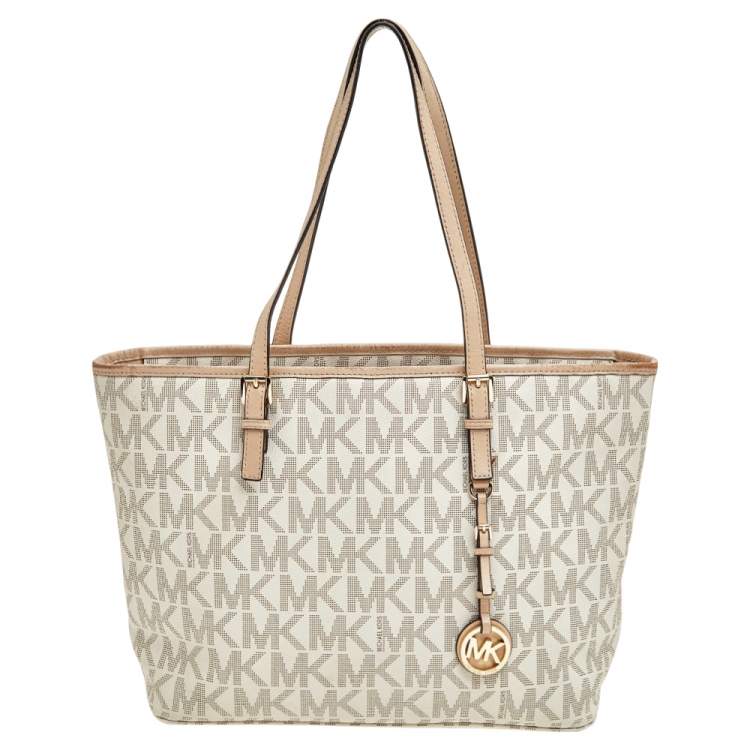 Pre Owned MICHAEL Michael Kors White/Beige Coated Canvas And Leather Jet Set Travel Tote