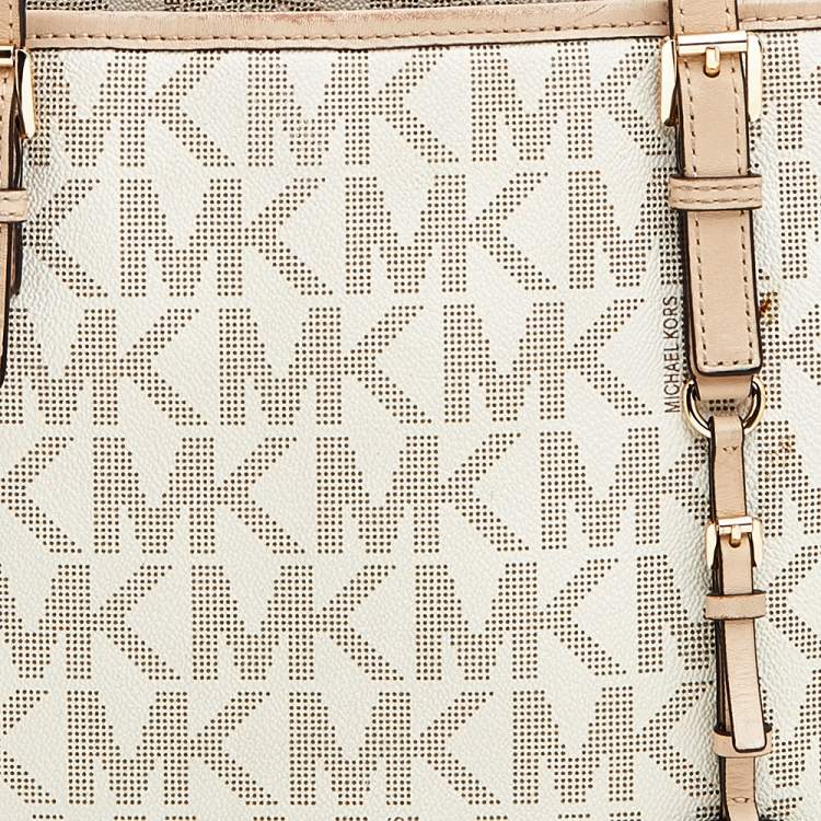 Pre Owned MICHAEL Michael Kors White/Beige Coated Canvas And Leather Jet Set Travel Tote