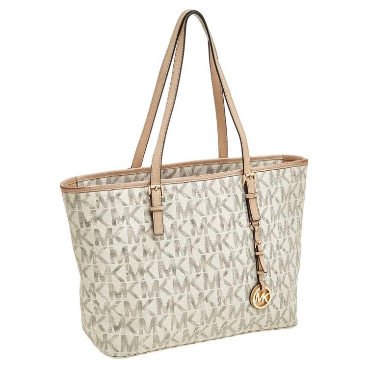 Pre Owned MICHAEL Michael Kors White/Beige Coated Canvas And Leather Jet Set Travel Tote