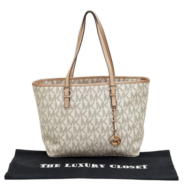 Pre Owned MICHAEL Michael Kors White/Beige Coated Canvas And Leather Jet Set Travel Tote