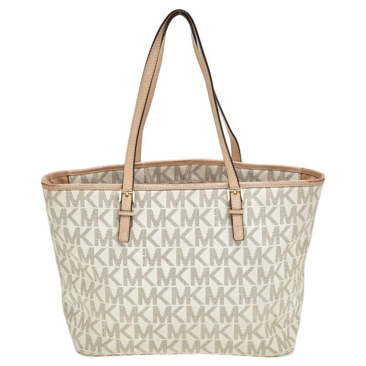 Pre Owned MICHAEL Michael Kors White/Beige Coated Canvas And Leather Jet Set Travel Tote