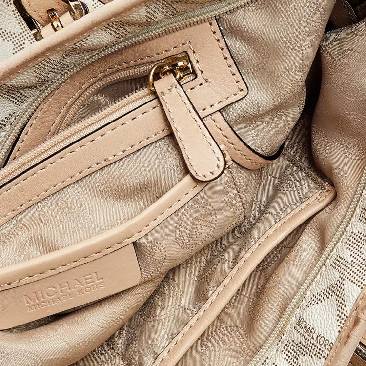 Pre Owned MICHAEL Michael Kors White/Beige Coated Canvas And Leather Jet Set Travel Tote