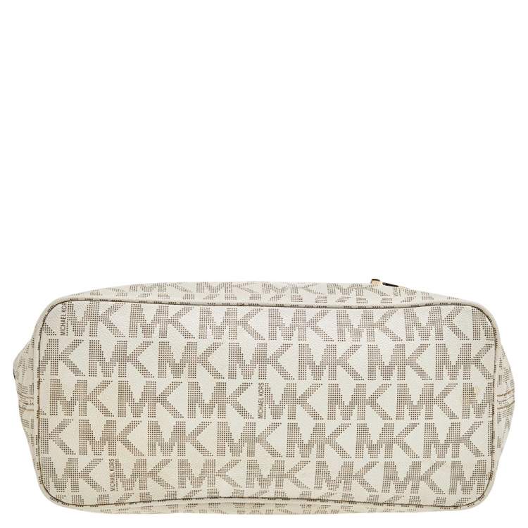 Pre Owned MICHAEL Michael Kors White/Beige Coated Canvas And Leather Jet Set Travel Tote