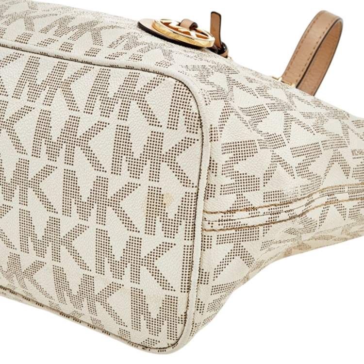 Pre Owned MICHAEL Michael Kors White/Beige Coated Canvas And Leather Jet Set Travel Tote