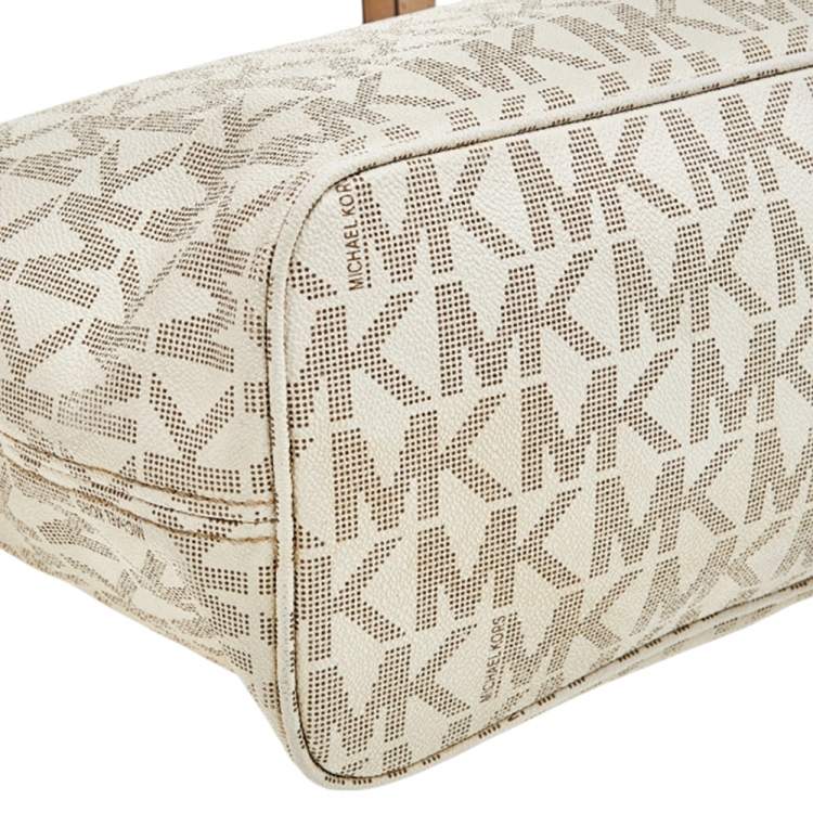 Pre Owned MICHAEL Michael Kors White/Beige Coated Canvas And Leather Jet Set Travel Tote