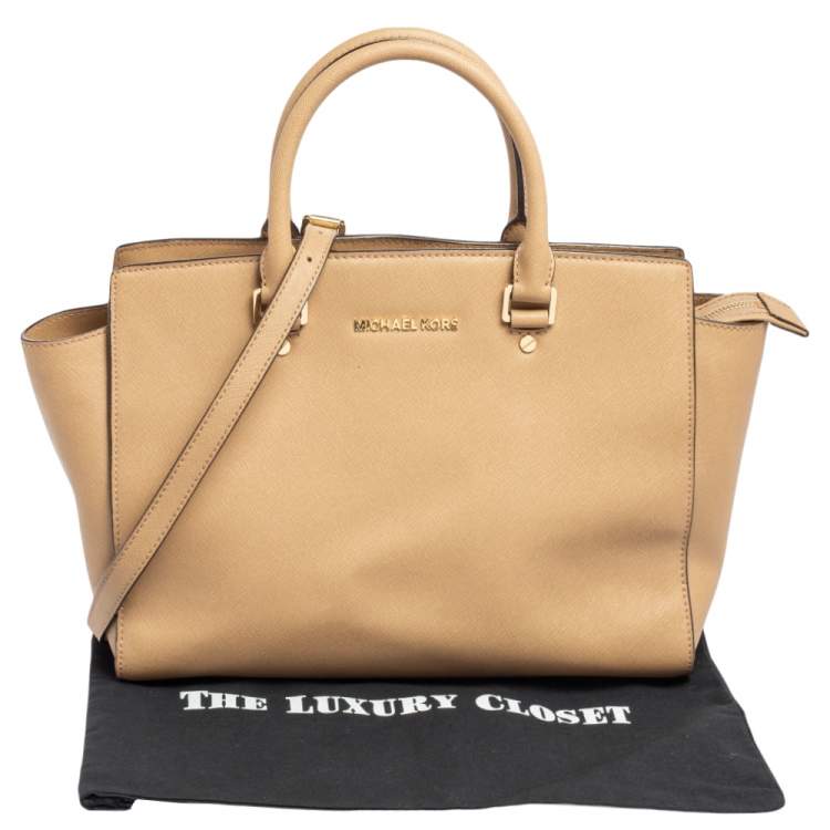 Pre Owned MICHAEL Michael Kors Beige Saffiano Leather Large Selma Satchel