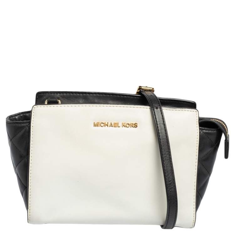 Pre Owned MICHAEL Michael Kors White/Black Leather Small Selma Shoulder Bag