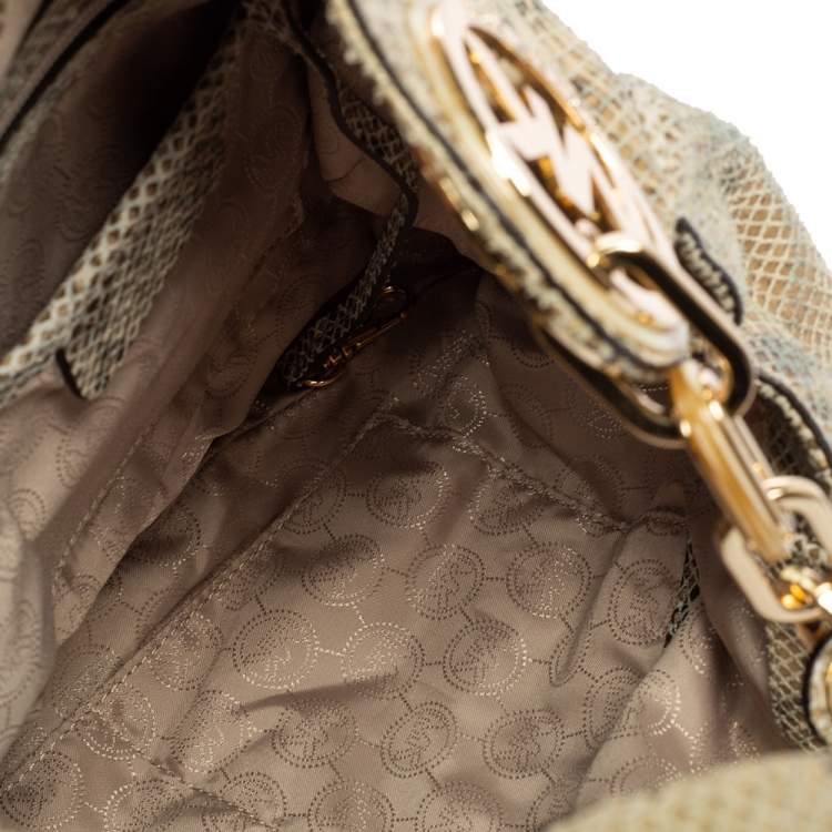 Pre Owned Michael Michael Kors Beige/Black Python Effect Leather Fulton Hobo