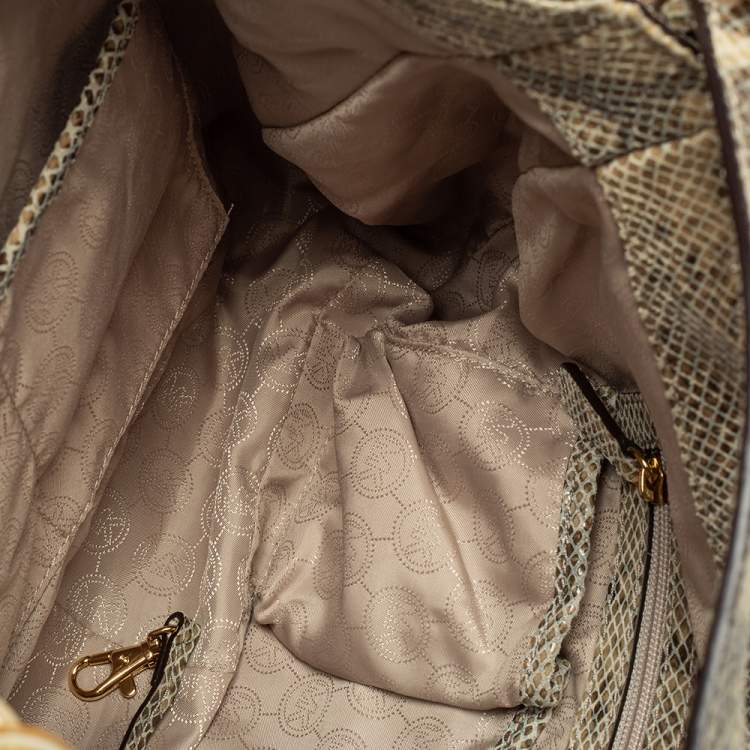 Pre Owned Michael Michael Kors Beige/Black Python Effect Leather Fulton Hobo