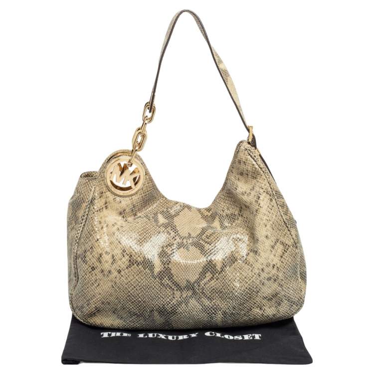 Pre Owned Michael Michael Kors Beige/Black Python Effect Leather Fulton Hobo