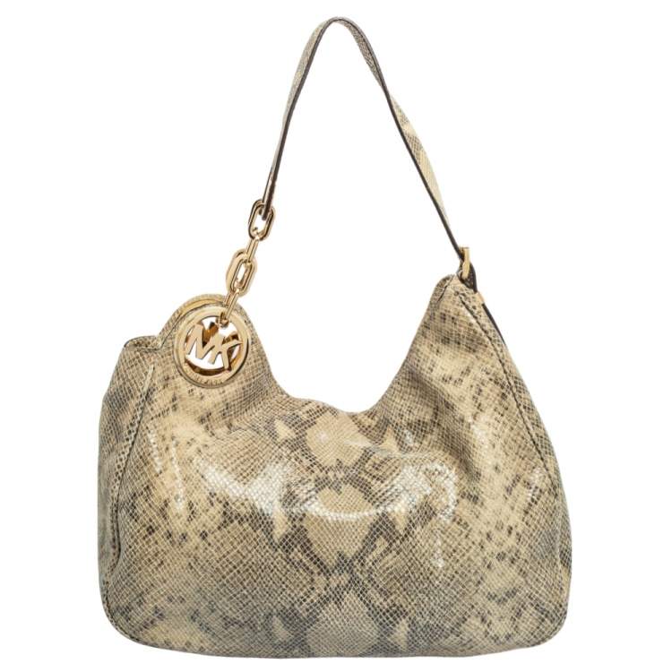 Pre Owned Michael Michael Kors Beige/Black Python Effect Leather Fulton Hobo