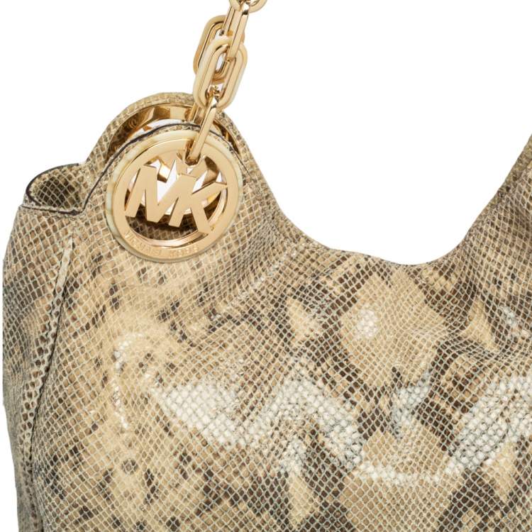 Pre Owned Michael Michael Kors Beige/Black Python Effect Leather Fulton Hobo