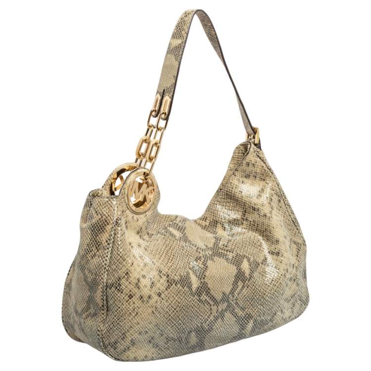 Pre Owned Michael Michael Kors Beige/Black Python Effect Leather Fulton Hobo