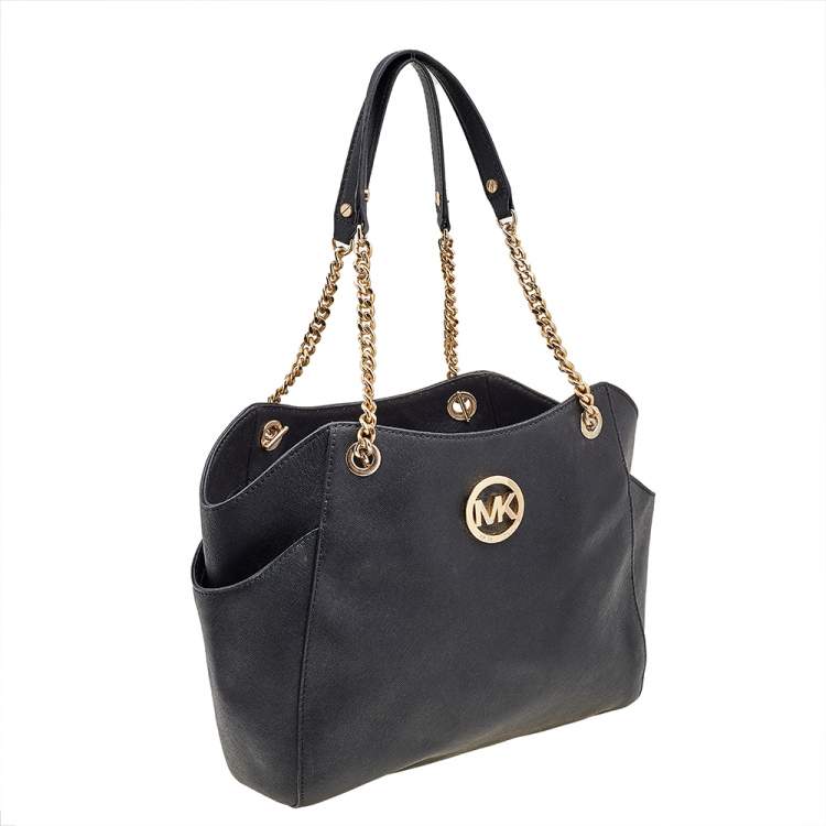 Pre Owned MICHAEL Michael Kors Black Leather Jet Set Travel Chain Tote