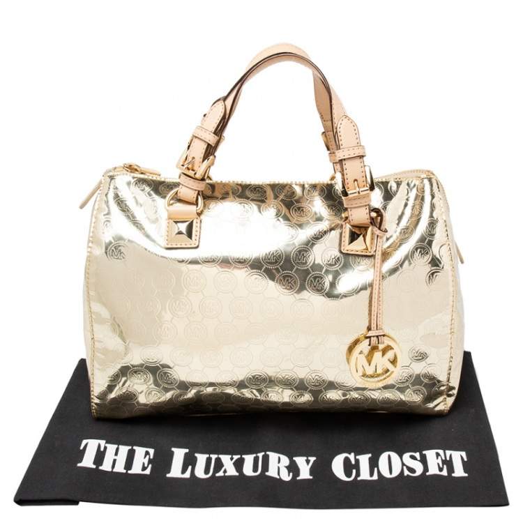 Pre Owned MICHAEL Michael Kors Gold Signature Laminated Leather Bedford Boston Bag