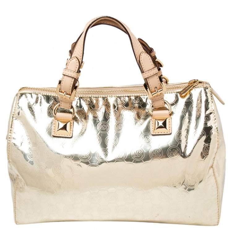 Pre Owned MICHAEL Michael Kors Gold Signature Laminated Leather Bedford Boston Bag