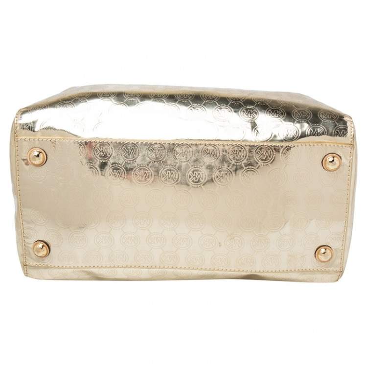 Pre Owned MICHAEL Michael Kors Gold Signature Laminated Leather Bedford Boston Bag