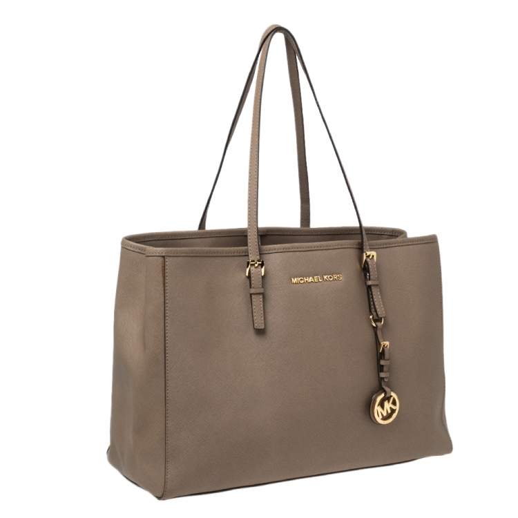 Pre Owned MICHAEL Michael Kors Dark Beige Saffiano Leather Jet Set Travel Tote