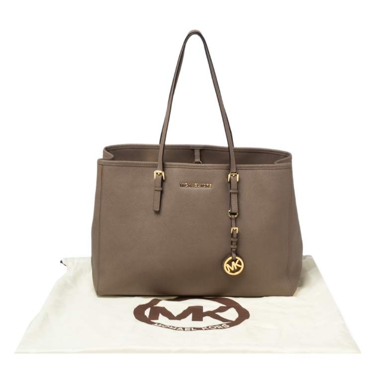 Pre Owned MICHAEL Michael Kors Dark Beige Saffiano Leather Jet Set Travel Tote
