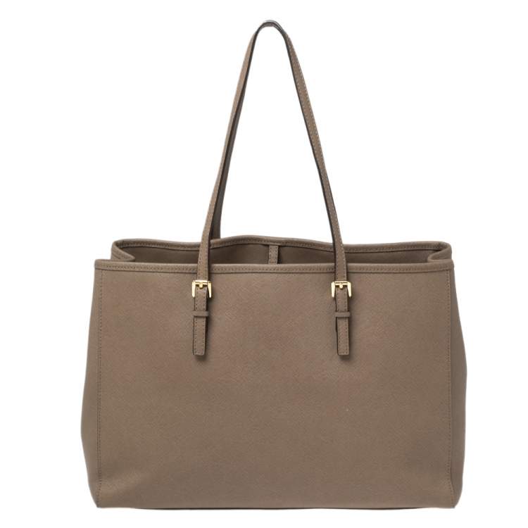 Pre Owned MICHAEL Michael Kors Dark Beige Saffiano Leather Jet Set Travel Tote