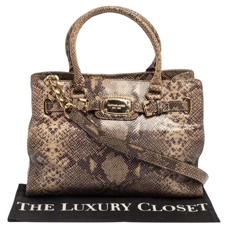 Pre Owned MICHAEL Michael Kors Beige/Brown Python Embossed Leather East West Hamilton Tote