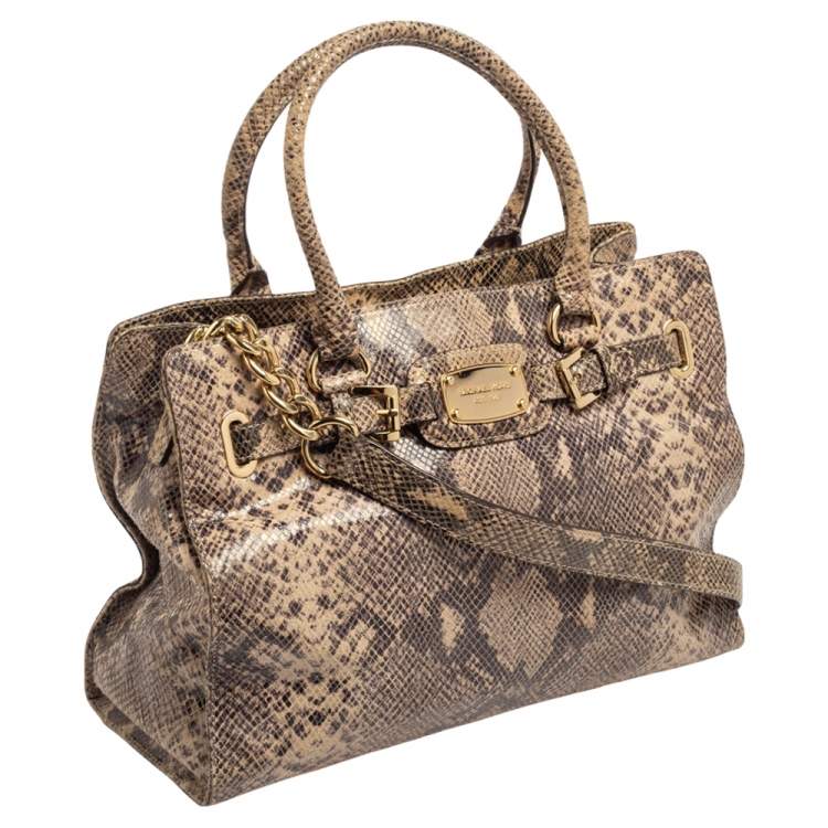 Pre Owned MICHAEL Michael Kors Beige/Brown Python Embossed Leather East West Hamilton Tote