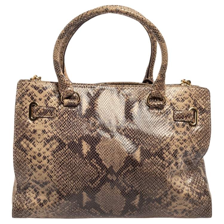 Pre Owned MICHAEL Michael Kors Beige/Brown Python Embossed Leather East West Hamilton Tote
