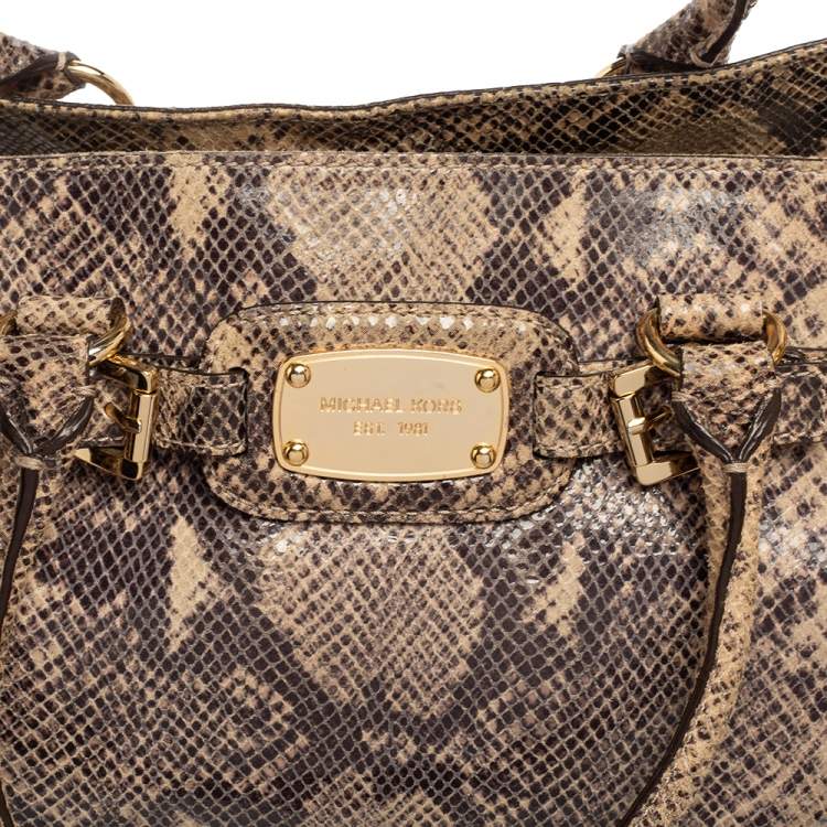 Pre Owned MICHAEL Michael Kors Beige/Brown Python Embossed Leather East West Hamilton Tote