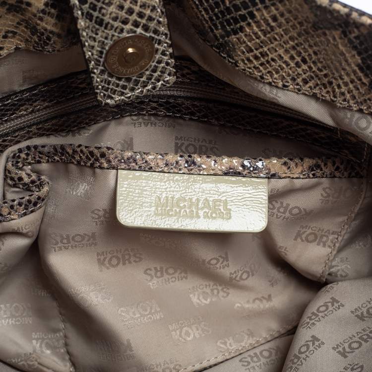 Pre Owned MICHAEL Michael Kors Beige/Brown Python Embossed Leather East West Hamilton Tote