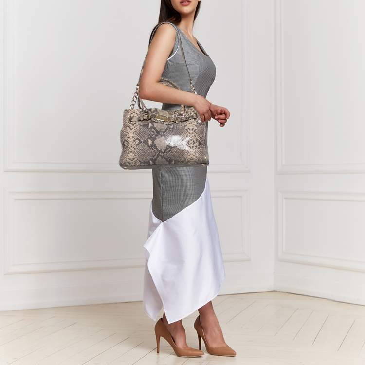 Pre Owned MICHAEL Michael Kors Beige/Brown Python Embossed Leather East West Hamilton Tote